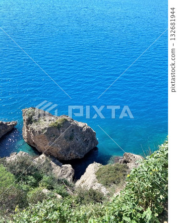 View of the blue sea from the cliffs of Antalya Turkey View of the blue sea from the cliffs of Antalya Turkey 132681944
