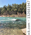 The strong stream of the mountain river comes down from the mountains crystal clear and icy  132681947