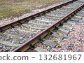 Empty railroad track under a blue sky, from left to right. Railroad lines. Close-up of railroad tracks, metal rails, railroad track. 132681967