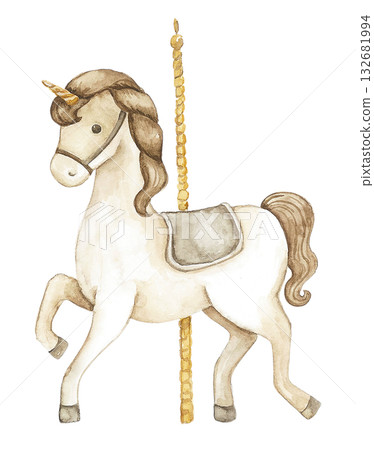 Watercolor illustration of carousel horse with golden pole and saddle. Suitable for nursery wall art, birthday card, baby shower invitation, celebration scrapbook, festive packaging, party project 132681994