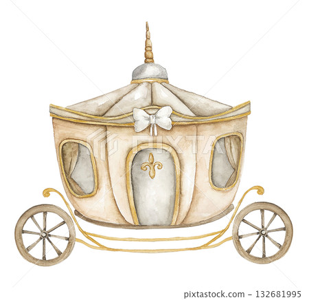 Watercolor illustration of vintage golden carriage with decorative details. Perfect for birthday invitation, baby announcement, greeting card, celebration poster, nursery art, princess party 132681995