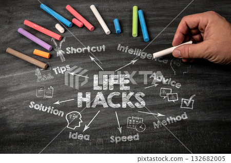 Life Hacks Concept. Black scratched textured chalkboard background Life Hacks Concept. Black scratched textured chalkboard background 132682005