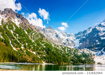 mountain lake in tatra national park. morskie oko surrounded with rugged snow capped peaks in early spring. beautiful view of reflection and ice on water. green environment background under blue sky mountain lake in tatra national park. morskie oko surrounded with rugged snow capped peaks in early spring. beautiful view of reflection and ice on water. green environment background under blue sky 132682064