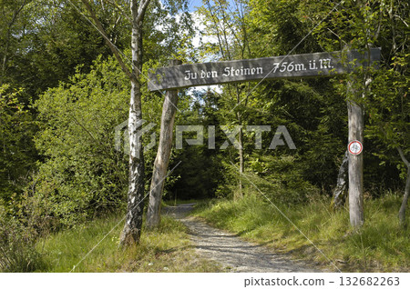 Sign board to the rock formation Bruchhauser Steine, Olsberg, Sauerland region, North Rhine-Westphalia, Germany Sign board to the rock formation Bruchhauser Steine, Olsberg, Sauerland region, North Rhine-Westphalia, Germany 132682263