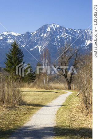 path and mountain, foothills of the alps, Upper Bavaria, Germany 132682373
