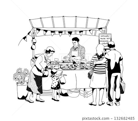 Farmers market scene with man and women buying cheese from local vendor. Market stall is filled with variety of cheese. Black and white outline vector illustration 132682485