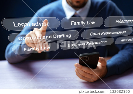 Man using a smartphone for legal services in a modern office setting 132682590