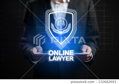 Holding a digital shield symbolizing online legal services with a professional appearance 132682683