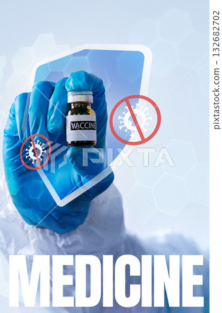 Hand holding vaccine vial with protective shield symbol against viruses in a medical setting Hand holding vaccine vial with protective shield symbol against viruses in a medical setting 132682702