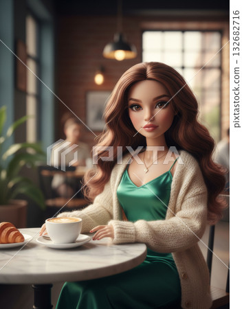 A stylishly dressed doll with long brown hair sits at a marble table in a modern, cozy coffee shop. 132682716