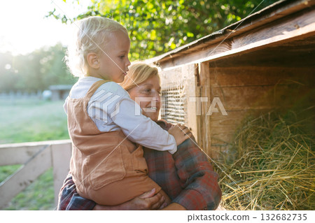 Grandmother showing farm animals to grandson. Grandmother showing farm animals to grandson. 132682735