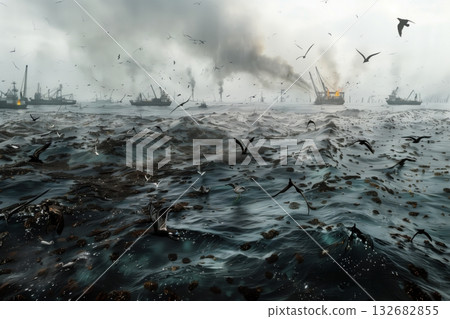 A Vast Expanse Of Ocean Marred By An Enormous Oil Spill A Vast Expanse Of Ocean Marred By An Enormous Oil Spill 132682855