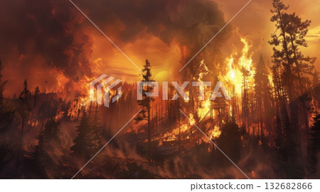 An Extensive Forest Engulfed In Raging Wildfires 132682866