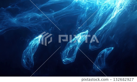 Deep Sea Scene With Bioluminescent Creatures In Dark 132682927