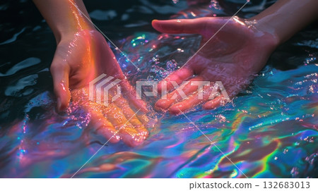 Hands Emerging From A Pool Of Iridescent Paints 132683013