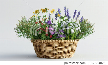 Herbs And Flowers In A Wicker Basket 132683025