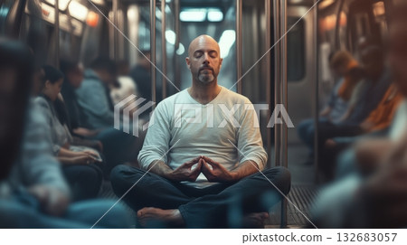 Man meditating on a subway train Man meditating on a subway train 132683057