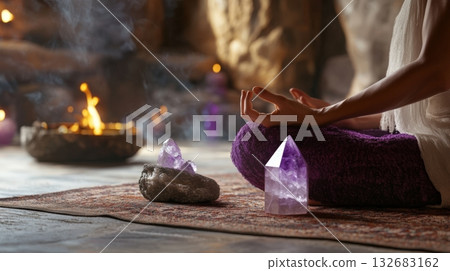 Person Meditating With Crystals And Incense Person Meditating With Crystals And Incense 132683162
