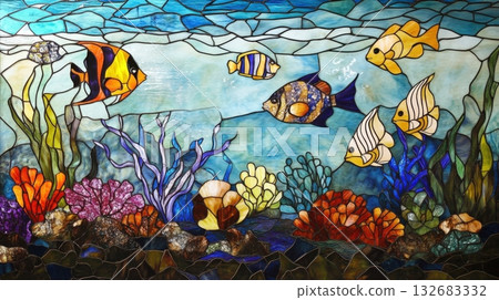 Underwater Scene In Stained Glass Featuring Marine Underwater Scene In Stained Glass Featuring Marine 132683332