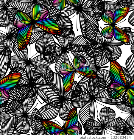 Seamless pattern black and rainbow butterflies. Hand drawn. Not AI, vector illustration. Seamless pattern black and rainbow butterflies. Hand drawn. Not AI, vector illustration. 132683434