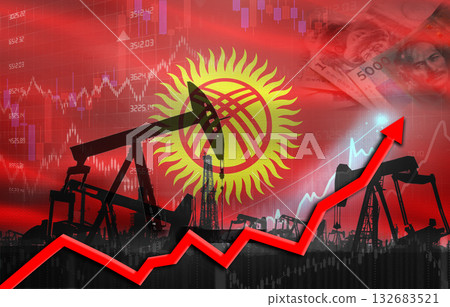 Oil production with Kyrgyzstan flag, petrol industry. Oil pumps with Kyrgyz flag Oil production with Kyrgyzstan flag, petrol industry. Oil pumps with Kyrgyz flag 132683521