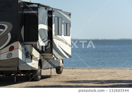 Florida travel destination. Motorhome recreational vehicle on seaside. Florida travel destination. Motorhome recreational vehicle on seaside. 132683544