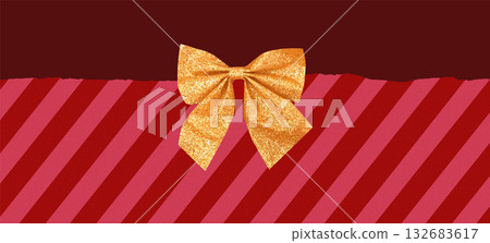 Background with Christmas candy-like striped textured paper and golden bow 132683617