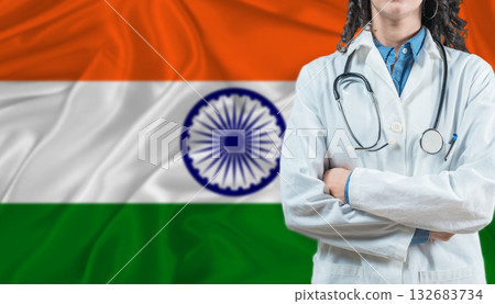 Medical professional on India flag. Healthcare and wellness in India, Concept 132683734