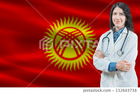 Kyrgyz medicine and healthcare concept. Close up of doctor against Kyrgyzstan flag background 132683738