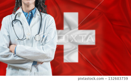 Medical professional on Switzerland flag. Healthcare and wellness in Switzerland, Concept 132683739