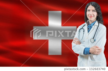Swiss medicine and healthcare concept. Close up of doctor against Switzerland flag background Swiss medicine and healthcare concept. Close up of doctor against Switzerland flag background 132683740