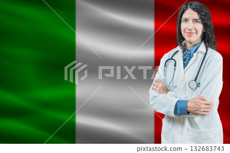 Italian medicine and healthcare concept. Doctor close up against Italy flag background 132683743