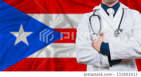 Male doctor with stethoscope on Puerto Rico flag. Doctor holding stethoscope on Puerto Rico flag Male doctor with stethoscope on Puerto Rico flag. Doctor holding stethoscope on Puerto Rico flag 132683812