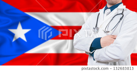 Puerto Rico healthcare concept. Male doctor on Puerto Rico flag. Doctor with crossed arms on Puerto Rico flag Puerto Rico healthcare concept. Male doctor on Puerto Rico flag. Doctor with crossed arms on Puerto Rico flag 132683813