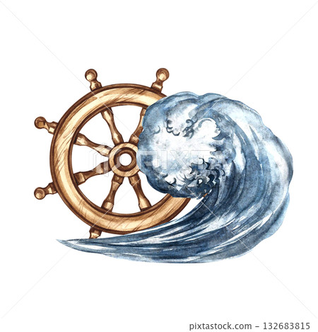 Ship's steering wheel and sea wave. Hand-drawn watercolor illustration. Color image. Isolate. For stickers, games, decor, posters and banners, packaging, and more. Ship's steering wheel and sea wave. Hand-drawn watercolor illustration. Color image. Isolate. For stickers, games, decor, posters and banners, packaging, and more. 132683815