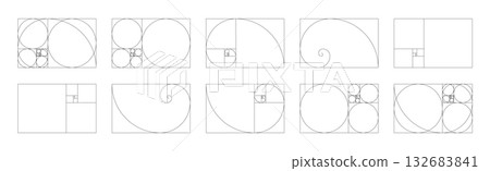 Horizontal fibonacci numbers array set of 10 elements. Golden ratio harmony proportions template. 132683841