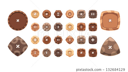 Brown sewing buttons isolated set with different design, shapes, forms and sizes craft accessories 132684129
