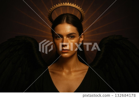 Dark Angel Woman With Black Wings And Golden Halo 132684178