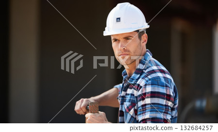 Construction worker man holding hammer wearing hard hat 132684257