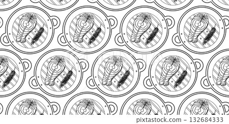 Outline Salmon Steak peppercorn and Rosemary Sprig on Grill Pan Seamless Pattern Banner Format Fond 132684333