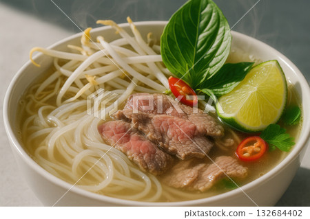 Vietnamese Pho With Beef Rice Noodles Herbs Lime And Chili 132684402