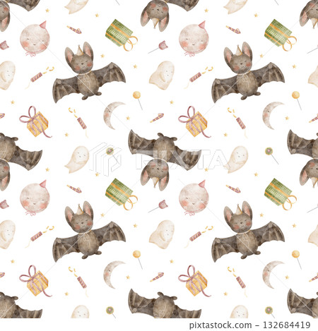 Pattern bats moon ghost crescent lollipops. Hand drawn watercolor illustrations in childish Halloween style. Seamless print isolated from background for textiles fabrics clothing wallpaper packaging Pattern bats moon ghost crescent lollipops. Hand drawn watercolor illustrations in childish Halloween style. Seamless print isolated from background for textiles fabrics clothing wallpaper packaging 132684419