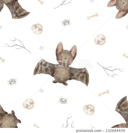 Halloween pattern bat skull spider bones stars. Hand drawn watercolor illustration in childish style. Seamless print isolated from background for textiles, fabrics, clothing, wallpaper packaging paper Halloween pattern bat skull spider bones stars. Hand drawn watercolor illustration in childish style. Seamless print isolated from background for textiles, fabrics, clothing, wallpaper packaging paper 132684434