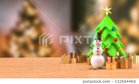 The Snow man and Christmas tree for Holiday or new year concept 3d Rendering. 132684468