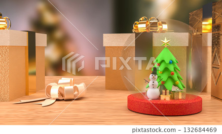 The Snow man and Christmas tree for Holiday or new year concept 3d Rendering. 132684469