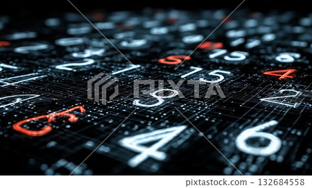 Digital data flowing through abstract circuit board with glowing numbers, illustrating secure big data processing, financial technology, and cyber security concepts 132684558
