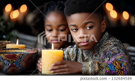 African American family observing a lit candle and traditional patterns during a Kwanzaa family celebration, symbolizing heritage, unity, and future hope in a warm, festive setting 132684584