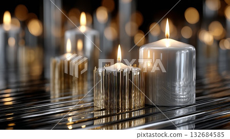 Burning candles illuminating a sophisticated interior, casting golden reflections on sleek silver surfaces and creating a tranquil, festive atmosphere 132684585