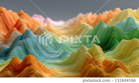 Abstract wavy landscape showing colorful flowing lines creating a unique topographic map pattern with vibrant soft gradients and undulating terrain 132684586