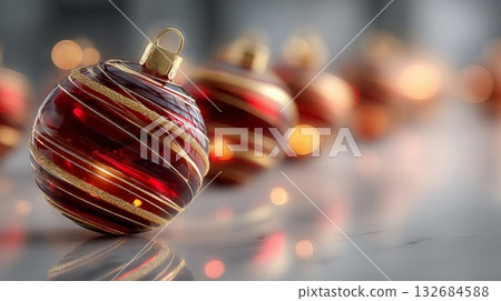Christmas ornament featuring a spiral red and gold design reflecting holiday lights and bokeh, creating a festive atmosphere for winter celebrations and seasonal greetings 132684588